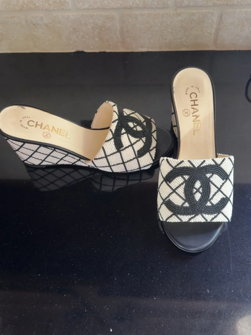 CHANEL Black and Cream Embroidered Logo Slide Wedges